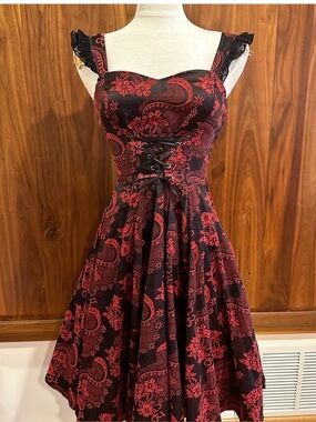 Red Paisley Midi Dress with Lace-Up Bodice
